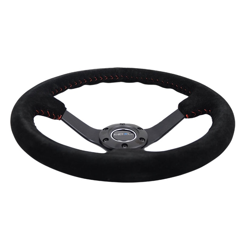 NRG Reinforced Steering Wheel (350mm / 3in. Deep) Blk Suede/Red BBall Stitch w/5mm Matte Blk Spokes