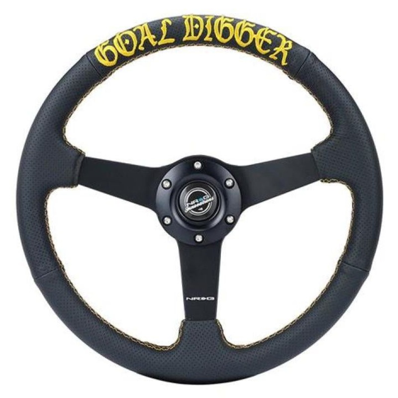NRG Sport Steering Wheel (350mm / 1.5in Deep) Black Leather/Gold Stitch w/Matte Black Solid Spokes